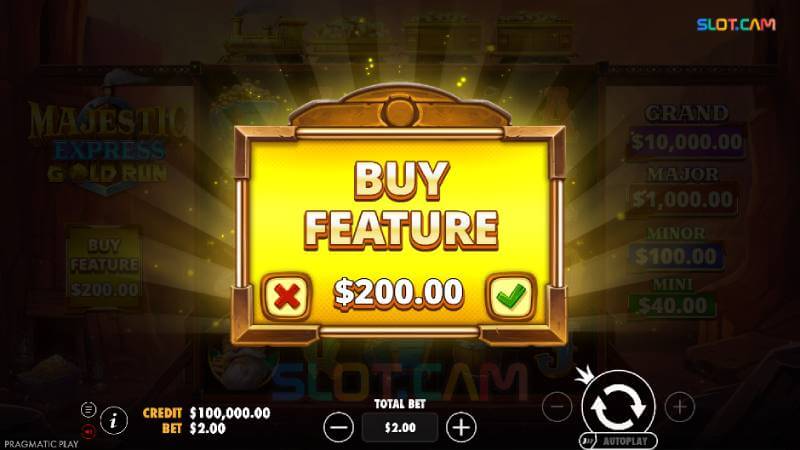 หน้าต่างเมนูซื้อฟีเจอร์โบนัส (Buy Feature) ในเกม Majestic Express Gold Run สล็อตซื้อฟรีสปิน